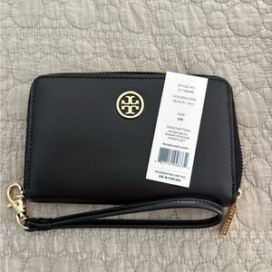 Tory Burch Black Saffiano Zip Wristlet with Gold Logo